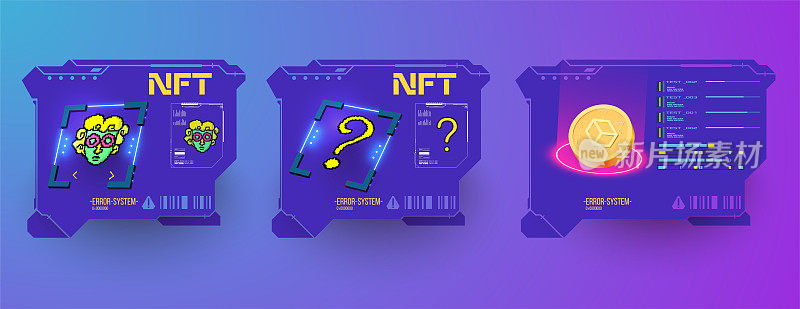 非功能性测试的创建。未来的框架与图片和不可替代的令牌图标。买NFT的照片，霓虹灯迷幻男角色。数字加密技术中区块链技术中的NFT (kit)令牌。
